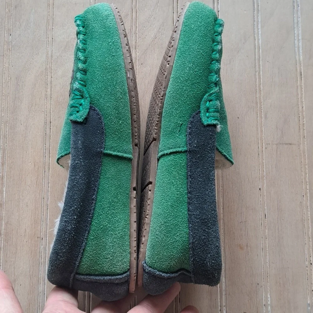 Lands' End Kids' Fuzzy Lined Suede Leather Moccasin Slippers Robot Design